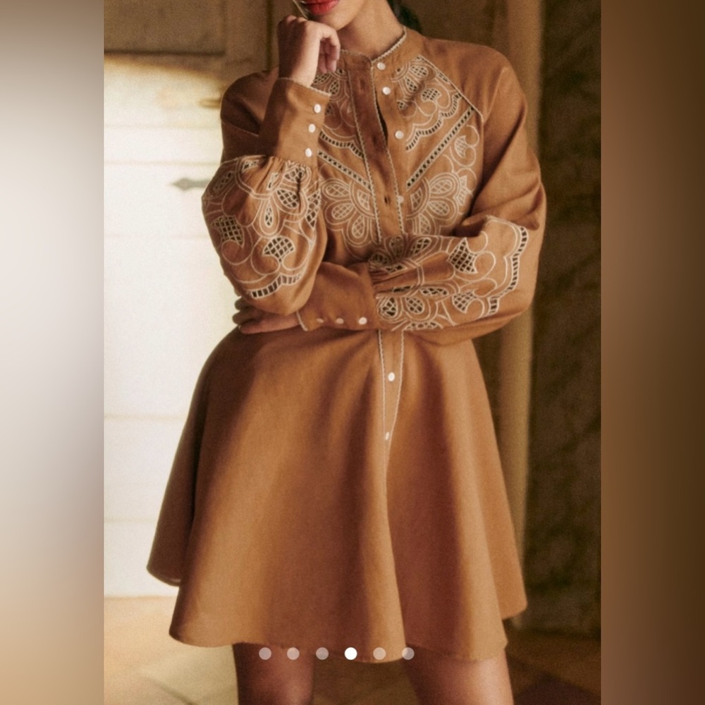 Sezane Tan Embroidered Long Sleeve Dress